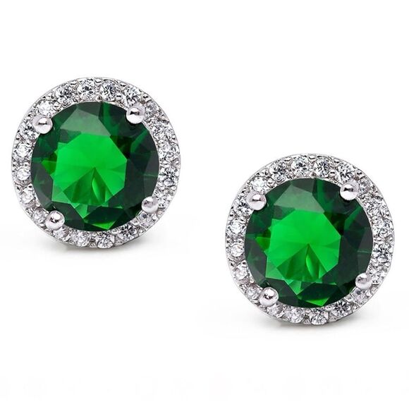 925 Sterling Silver with Emerald Green and Diamond CZ Round Halo Stud Earrings - Picture 1 of 5